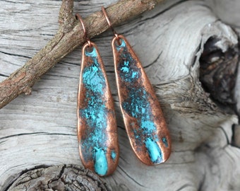 Blue Patina Dangle Earrings Greek Bead Earrings Boho Patina Dangles Bohemian Copper Earrings Boho Patina Earrings