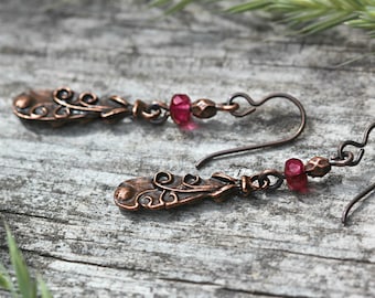Boho Copper Dangle Earrings: Raspberry Czech Glass, Niobium Hooks