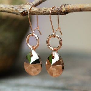 Rose Gold Swarovski Crystal Dangle Earrings: Teardrop Kidney Ear Wire