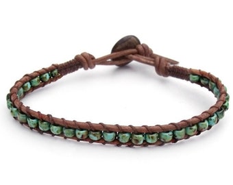 Turquoise Bracelet, Beaded Leather Wrap Bracelet, Leather Bracelet, Mans Braclet, Womens Wrap Bracelet, Custom Mens Leather Bracelet, Rustic