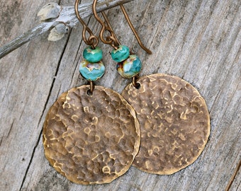 Hammered Brass Boho Earrings: Czech Glass, Beachy Dangle Jewelry
