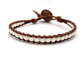 Creamy Pearl White Brown or Black Leather Wrap Bracelet