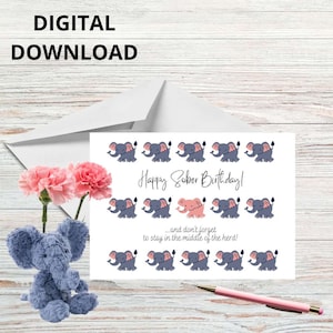 DIGITAL DOWNLOAD, Sobriety Birthday Card, Cute Pink Elephant in herd, Stay in the herd