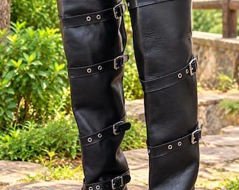 Handmade Black Thigh-High Boots with Buckle Straps and Full-Length Back Zipper, Biker Style Boots, Long Shaft Boots, Alternative Boots