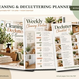 Peut inclure: Un planificateur de nettoyage et de désencombrement de 40 pages en format PDF imprimable. La couverture montre un panier avec des produits de nettoyage et des livres. Les pages intérieures incluent une routine hebdomadaire et une liste de contrôle.