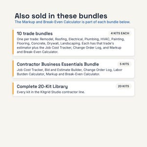 May include: A digital information graphic titled Also sold in these bundles, listing three options: 10 trade bundles with 4 kits each, Contractor Business Essentials Bundle with 5 kits, and Complete 20-Kit Library containing every kit in the Kitgrid Studio line.