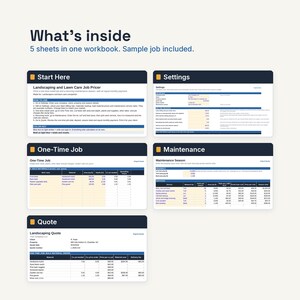 May include: A digital workbook for landscaping and lawn care businesses containing five sheets titled Start Here, Settings, One-Time Job, Maintenance, and Quote. The workbook includes a sample job, data tables, and instructions for calculating pricing.