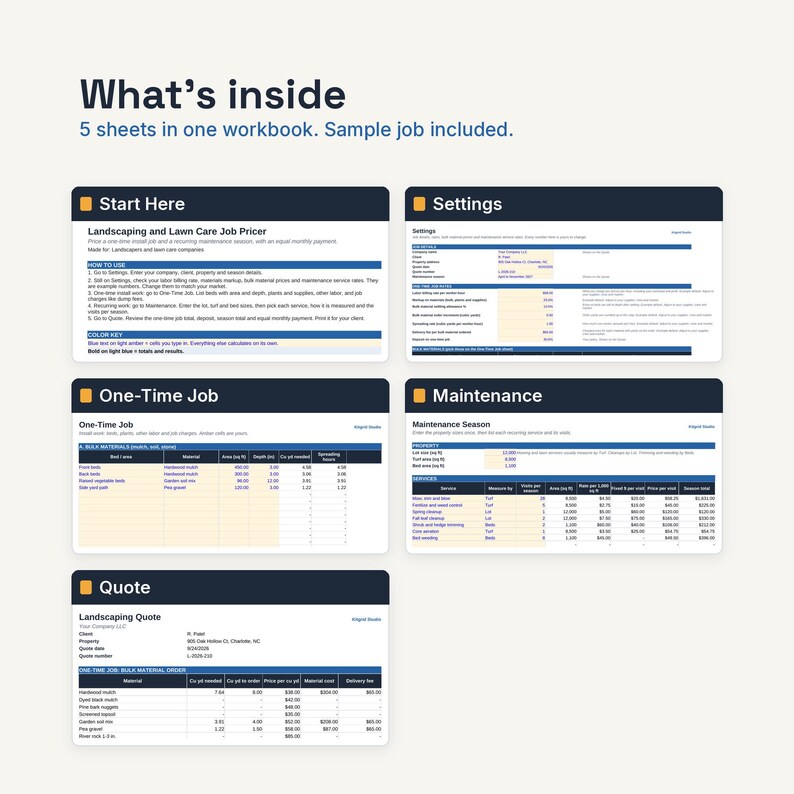 May include: A digital workbook for landscaping and lawn care businesses containing five sheets titled Start Here, Settings, One-Time Job, Maintenance, and Quote. The workbook includes a sample job, data tables, and instructions for calculating pricing.