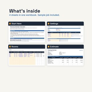 May include: A digital workbook containing four sheets for a flooring estimate calculator. The layout includes sections titled Start Here, Settings, Rooms, and Estimate, featuring tables with columns for product types, costs, and measurements.