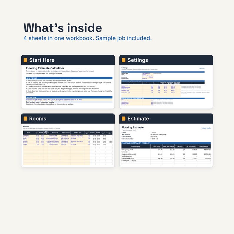 May include: A digital workbook containing four sheets for a flooring estimate calculator. The layout includes sections titled Start Here, Settings, Rooms, and Estimate, featuring tables with columns for product types, costs, and measurements.