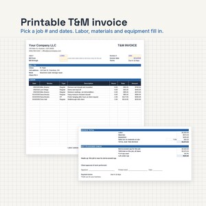 May include: A printable T&M invoice template featuring sections for job number, dates, labor, materials, and equipment. The document includes fields for company information, client details, a labor breakdown table, invoice totals, and a not-to-exceed check section.