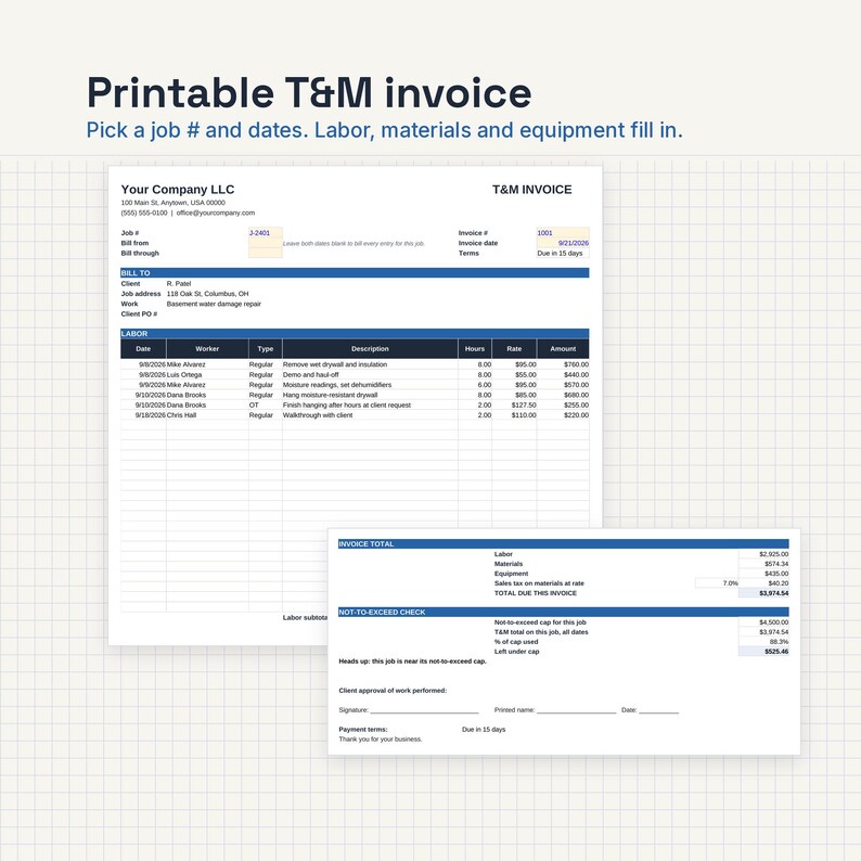 May include: A printable T&M invoice template featuring sections for job number, dates, labor, materials, and equipment. The document includes fields for company information, client details, a labor breakdown table, invoice totals, and a not-to-exceed check section.