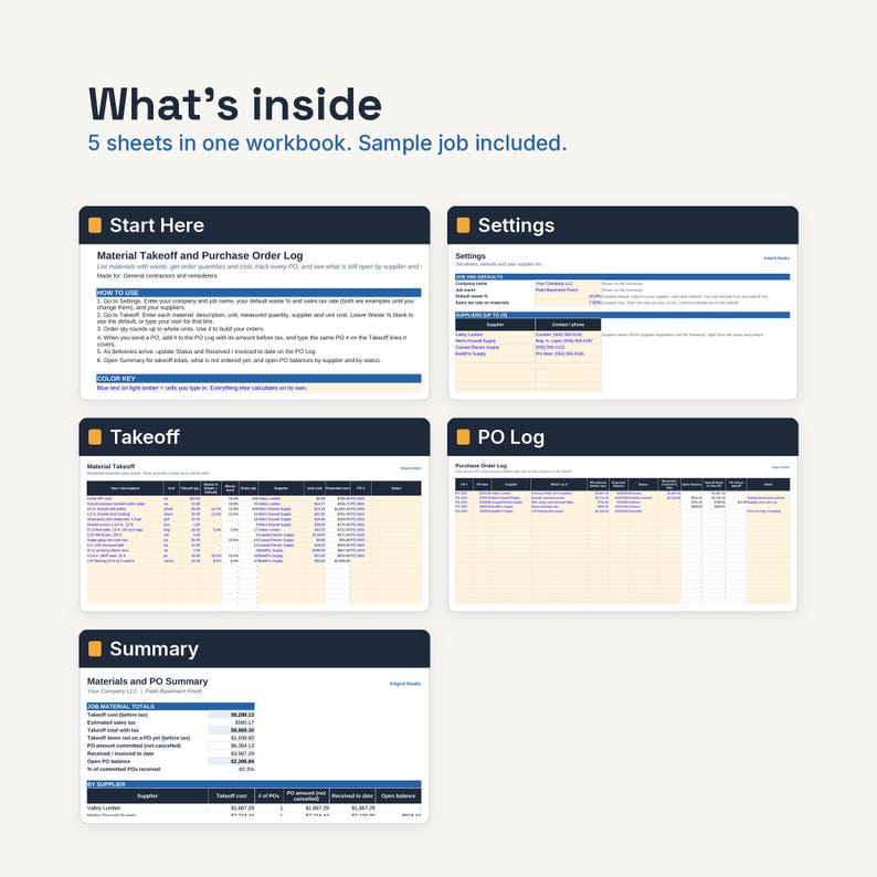 May include: A digital workbook containing five sheets titled Start Here, Settings, Takeoff, PO Log, and Summary. The layout features dark blue headers with orange square icons, white backgrounds, and tables with light orange rows for data entry.