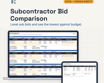 Subcontractor Bid Comparison Template, Excel and Google Sheets: Bid Leveling, COI Expiration Tracker for GCs