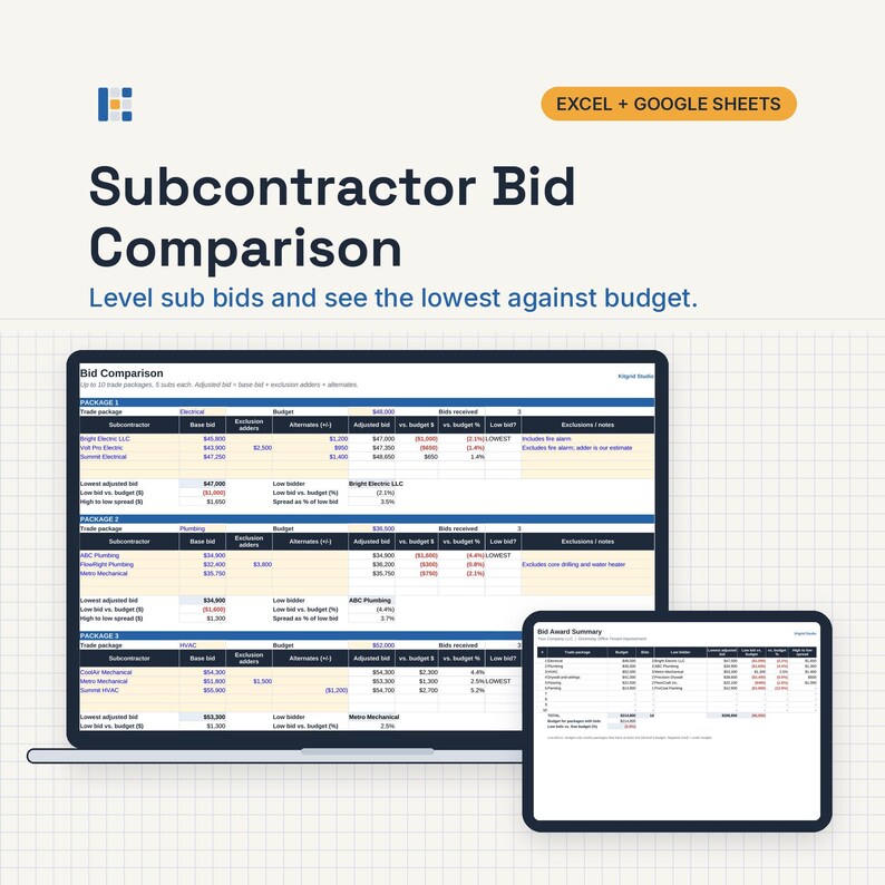 May include: A digital spreadsheet template for Subcontractor Bid Comparison compatible with Excel and Google Sheets. The display shows a laptop and tablet screen featuring tables with columns for trade packages, base bids, budget, and bid adjustments.
