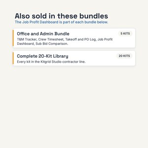 May include: A digital information graphic titled Also sold in these bundles. It lists the Office and Admin Bundle with 5 kits including T&M Tracker, Crew Timesheet, Takeoff and PO Log, Job Profit Dashboard, Sub Bid Comparison, and the Complete 20-Kit Library.