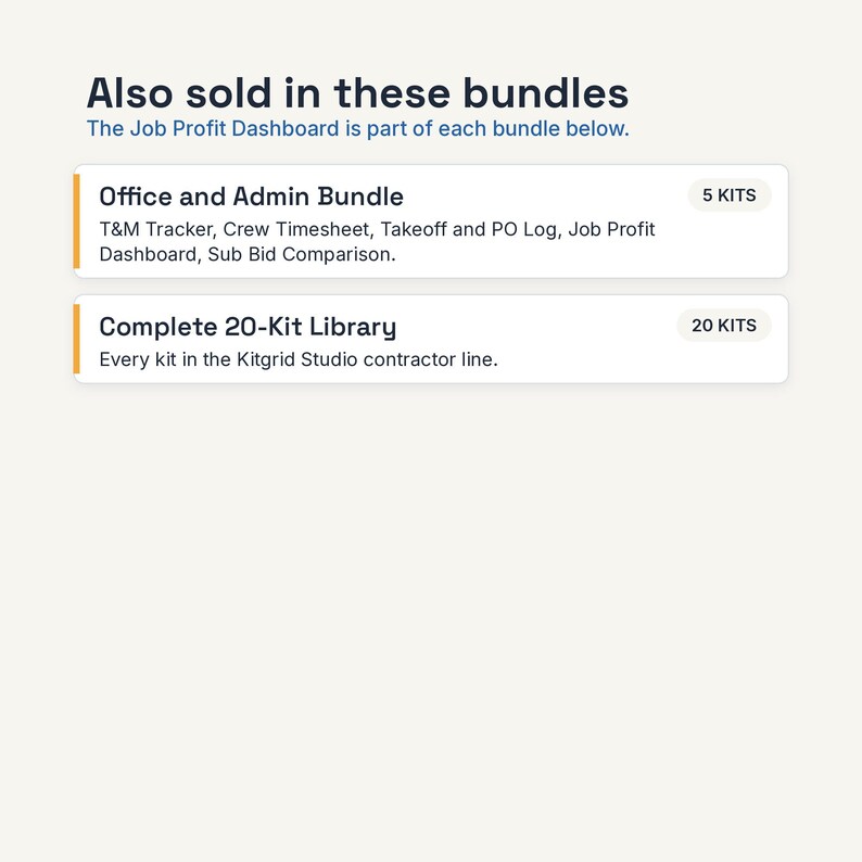 May include: A digital information graphic titled Also sold in these bundles. It lists the Office and Admin Bundle with 5 kits including T&M Tracker, Crew Timesheet, Takeoff and PO Log, Job Profit Dashboard, Sub Bid Comparison, and the Complete 20-Kit Library.