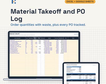 Material Takeoff and Purchase Order Log, Excel and Google Sheets: Construction PO Tracker by Supplier