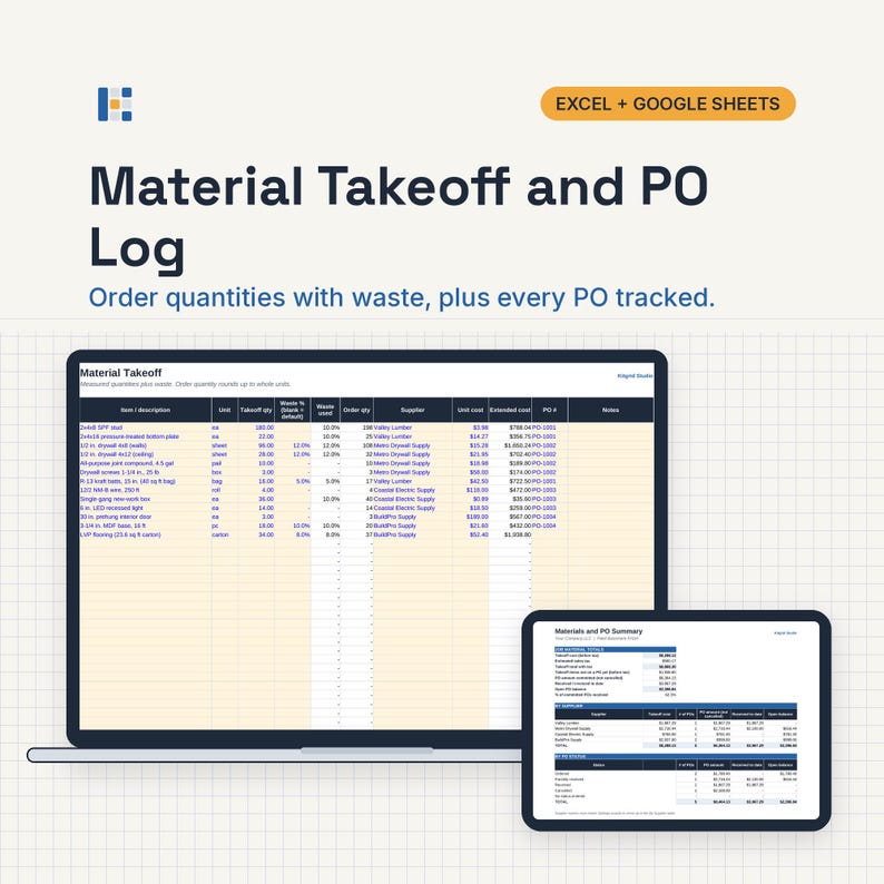 May include: A digital Material Takeoff and PO Log spreadsheet template for Excel and Google Sheets. The display shows a large laptop screen with a construction material list and a smaller tablet screen showing a summary of materials and POs.