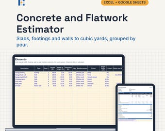 Concrete and Flatwork Estimate Calculator, Excel and Google Sheets: Cubic Yards by Pour, Pump Fees