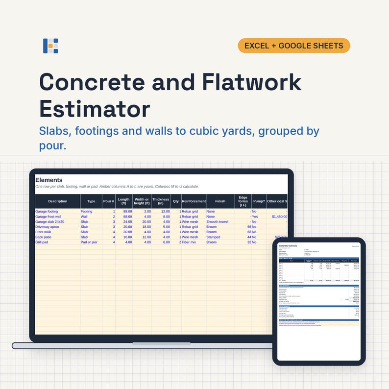May include: A digital Concrete and Flatwork Estimator spreadsheet for Excel and Google Sheets displayed on a laptop and tablet screen. The interface shows columns for description, type, pour number, length, width, thickness, and reinforcement.