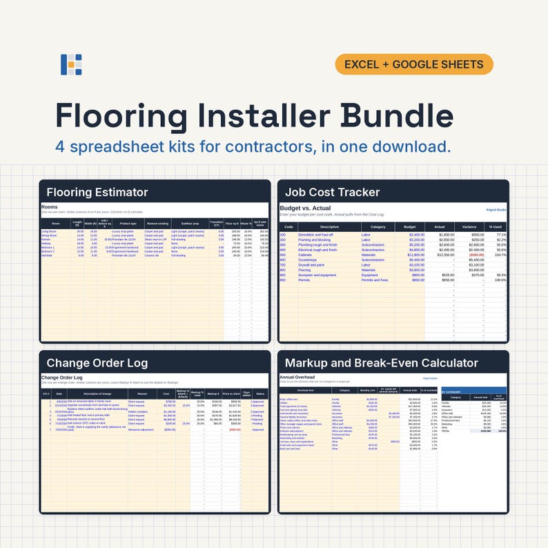 May include: A digital Flooring Installer Bundle containing four spreadsheet kits for Excel and Google Sheets. The image displays previews of a Flooring Estimator, Job Cost Tracker, Change Order Log, and a Markup and Break-Even Calculator.