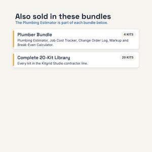 May include: A digital information graphic titled Also sold in these bundles. It lists a Plumber Bundle with 4 kits including Plumbing Estimator, Job Cost Tracker, Change Order Log, Markup and Break-Even Calculator, and a Complete 20-Kit Library.