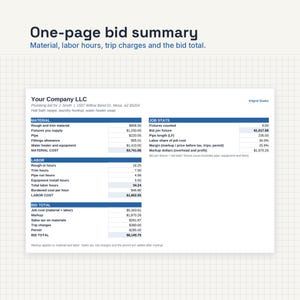 May include: A one-page bid summary document titled Your Company LLC, detailing plumbing project costs including material, labor, and job stats. The white form features blue headers and columns listing specific financial data, totals, and project metrics.