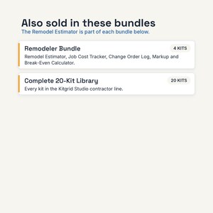 May include: A digital graphic displaying bundle options titled Also sold in these bundles. It lists the Remodeler Bundle with 4 kits including Remodel Estimator, Job Cost Tracker, Change Order Log, Markup and Break-Even Calculator, and the Complete 20-Kit Library.