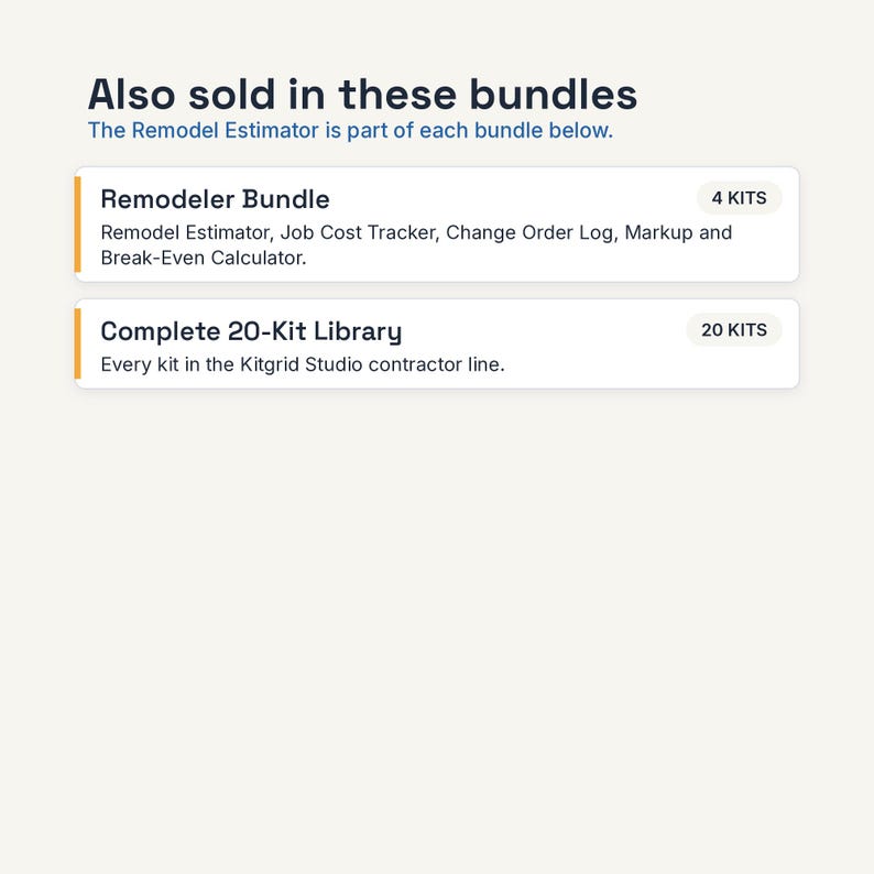 May include: A digital graphic displaying bundle options titled Also sold in these bundles. It lists the Remodeler Bundle with 4 kits including Remodel Estimator, Job Cost Tracker, Change Order Log, Markup and Break-Even Calculator, and the Complete 20-Kit Library.