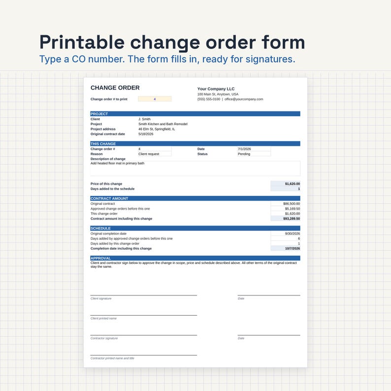 May include: A printable change order form document featuring blue header bars and sections for project details, contract amounts, schedule adjustments, and signature lines for both the client and contractor to approve the documented changes.