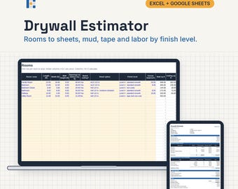 Drywall Estimate Calculator, Excel and Google Sheets: Sheets, Mud, Tape, Screws, Hang and Finish Labor