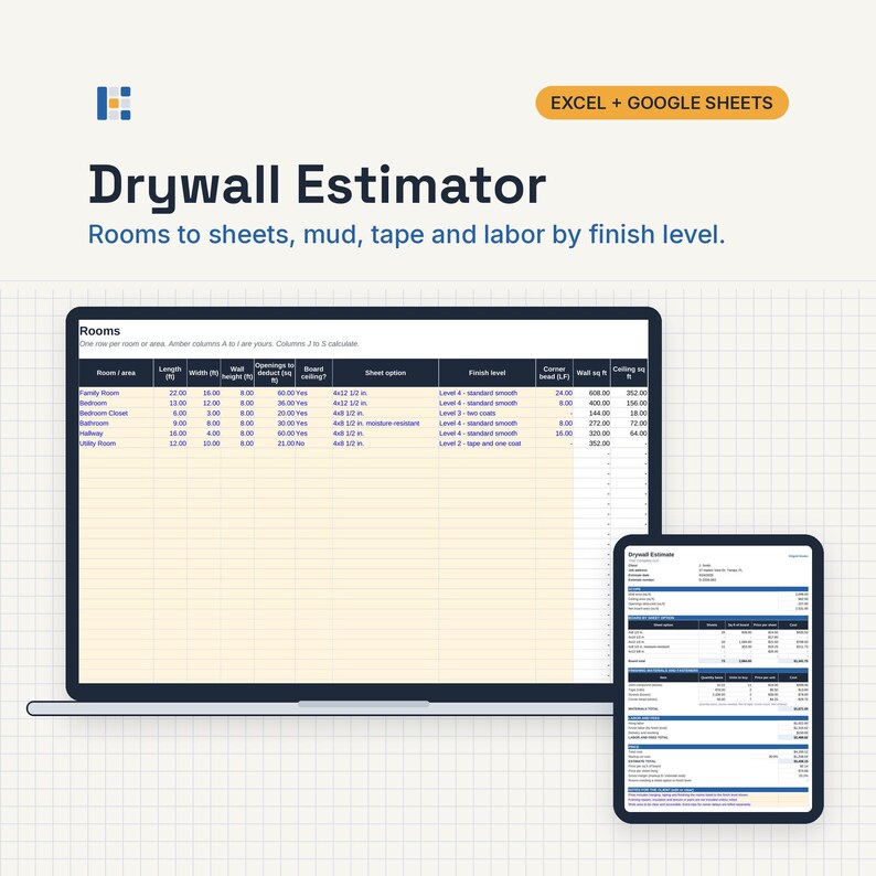 May include: A digital Drywall Estimator spreadsheet for Excel and Google Sheets displayed on a laptop and tablet screen. The interface shows columns for room dimensions, board options, finish levels, and calculations for sheets, mud, and tape.
