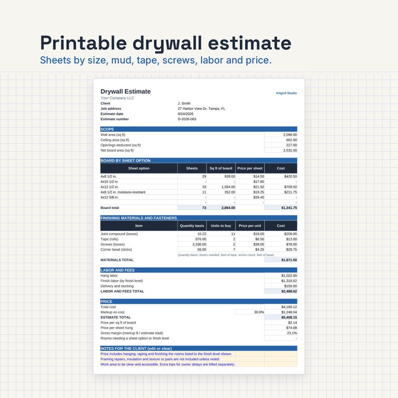 May include: A printable drywall estimate document featuring sections for scope, board options, finishing materials, fasteners, labor, and total price. The form includes columns for quantity, units, price per unit, and cost, with a grid background.