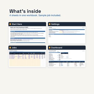 May include: A digital workbook containing four sheets titled Start Here, Settings, Jobs, and Dashboard. The layout displays a Multi-Job Profit Dashboard for tracking work in progress, including columns for job status, revenue, costs, and profit margins.