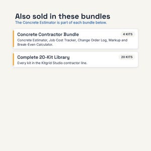 May include: A digital information graphic titled Also sold in these bundles, listing the Concrete Contractor Bundle with 4 kits and the Complete 20-Kit Library with 20 kits. It notes that the Concrete Estimator is part of each bundle below.