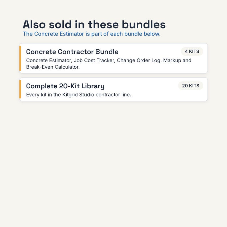 May include: A digital information graphic titled Also sold in these bundles, listing the Concrete Contractor Bundle with 4 kits and the Complete 20-Kit Library with 20 kits. It notes that the Concrete Estimator is part of each bundle below.
