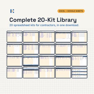May include: A digital collection of 20 spreadsheet kits for contractors, compatible with Excel and Google Sheets. The display features a grid of 20 individual spreadsheet previews with dark borders, text headers, and light beige backgrounds.
