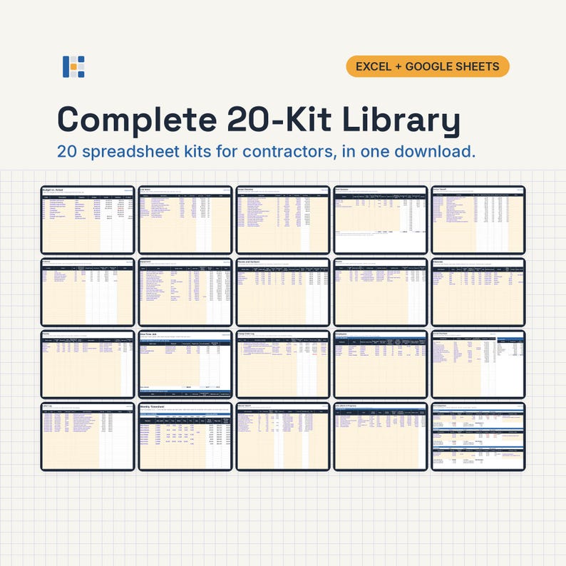 May include: A digital collection of 20 spreadsheet kits for contractors, compatible with Excel and Google Sheets. The display features a grid of 20 individual spreadsheet previews with dark borders, text headers, and light beige backgrounds.