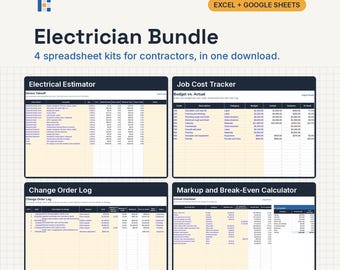 Electrician Bundle, Excel and Google Sheets: Electrical Estimate, Job Cost Tracker, Change Orders, Markup