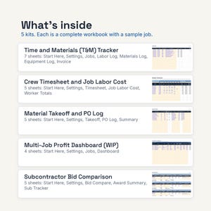 Puede incluir: Una colecci&oacute;n de libros de trabajo digitales con cinco kits: rastreador de tiempo y materiales, hoja de horas y costos laborales, registro de materiales y pedidos, panel de ganancias y comparaci&oacute;n de ofertas de subcontratistas.