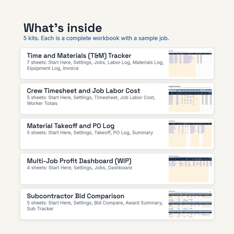 Puede incluir: Una colecci&oacute;n de libros de trabajo digitales con cinco kits: rastreador de tiempo y materiales, hoja de horas y costos laborales, registro de materiales y pedidos, panel de ganancias y comparaci&oacute;n de ofertas de subcontratistas.