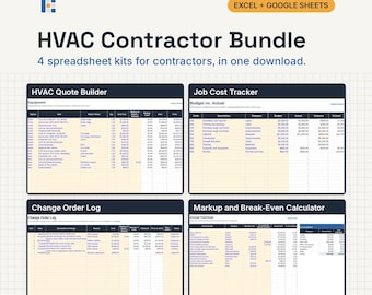 HVAC Contractor Bundle, Excel and Google Sheets: HVAC Quote, Job Cost Tracker, Change Orders, Markup