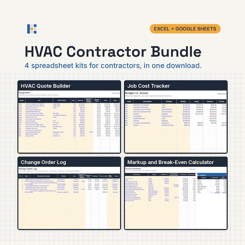 May include: An HVAC Contractor Bundle digital product featuring four spreadsheet kits for Excel and Google Sheets. The image displays an HVAC Quote Builder, Job Cost Tracker, Change Order Log, and a Markup and Break-Even Calculator interface.