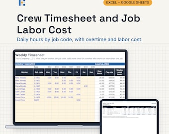 Crew Timesheet Template, Excel and Google Sheets: Weekly Hours by Job Code, Overtime, Labor Cost