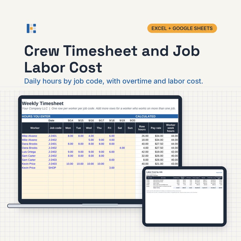 May include: A digital template for a Crew Timesheet and Job Labor Cost tracker compatible with Excel and Google Sheets. The display shows a weekly timesheet grid with columns for worker names, job codes, daily hours, pay rates, and calculated totals.