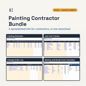 Pu&ograve; includere: Un pacchetto digitale per appaltatori di verniciatura con quattro kit di fogli di calcolo per Excel e Google Sheets. L'immagine mostra un preventivatore, un tracciatore di costi, un registro delle modifiche e un calcolatore.