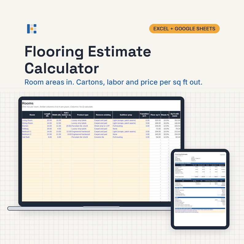 May include: A digital flooring estimate calculator template for Excel and Google Sheets displayed on a laptop and tablet screen. The interface shows columns for room dimensions, product types, subfloor preparation, and calculated square footage.