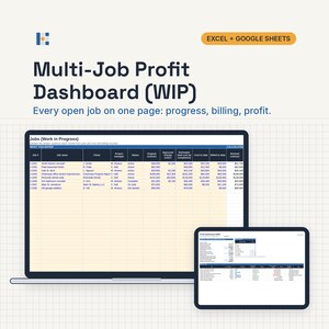 May include: A digital Multi-Job Profit Dashboard (WIP) template for Excel and Google Sheets. The display shows a spreadsheet with columns for job number, name, client, project manager, status, contract values, costs, and billing data on a screen.