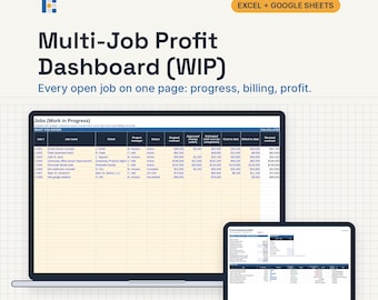 WIP Report Dashboard, Excel and Google Sheets: Multi Job Profit, Over Under Billing, Percent Complete